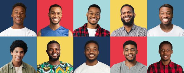 Jeunes hommes noirs souriant sur fond de studio, ensemble de portraits - Photo, image