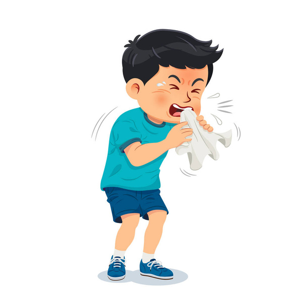Una bambina malata. Un ragazzo che tossisce tiene in mano un fazzoletto. Illustrazione vettoriale - Vettoriali, immagini