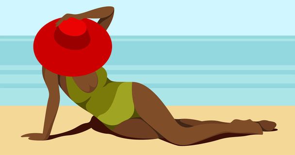 διανυσματική απεικόνιση με θέμα τις καλοκαιρινές διακοπές. ένα όμορφο νεαρό μαύρο κορίτσι σε ένα πράσινο μαγιό και ένα μεγάλο κόκκινο καπέλο είναι ηλιοθεραπεία στην παραλία κοντά στη θάλασσα ή τον ωκεανό σε ένα τροπικό θέρετρο. - Διάνυσμα, εικόνα