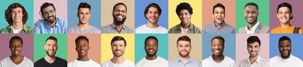 Σύνολο ανδρών πορτρέτα διαφορετικών εθνικοτήτων χαμογελώντας στην κάμερα πάνω από πολύχρωμα υπόβαθρα - Φωτογραφία, εικόνα