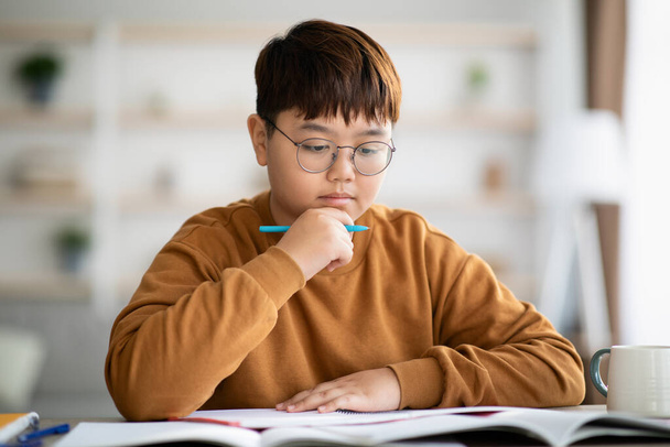 Smart korean teen kid doing homework at home - Photo, Image