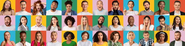 Diferentes emociones collage. Colección de personas multiétnicas se enfrenta a diversos fondos de color, panorama - Foto, Imagen