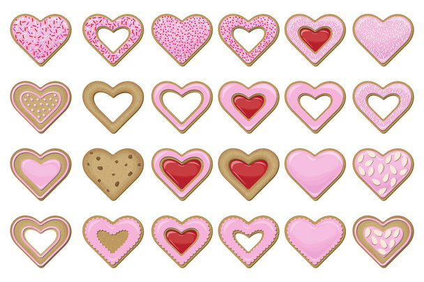 Vector set of different cookies in the form of hearts covered with pink glaze decorated with confectionery topping, almond chips and coconut flakes isolated on white background. - Vektor, obrázek