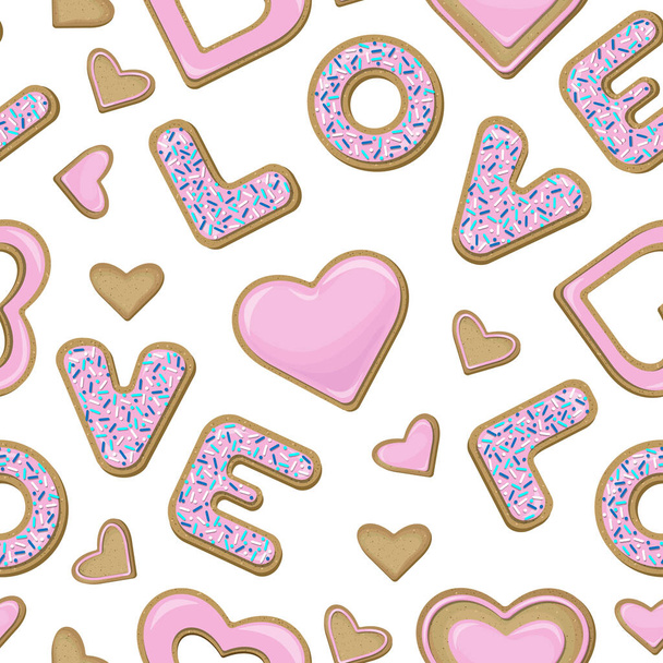 Vector seamless pattern of different cookies in the shape of hearts and letters love covered with pink glaze and decorated with confectionery topping isolated on white background. - Vektor, Bild