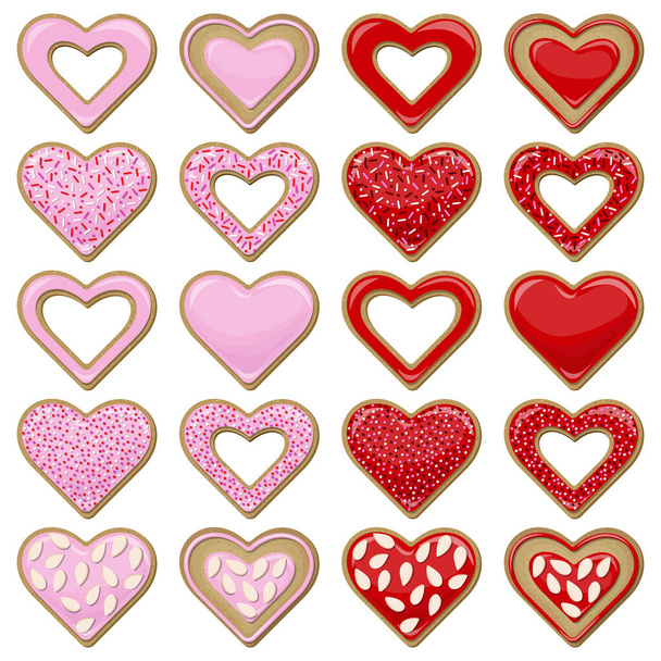 Vector set of different cookies in the form of hearts covered with red and pink glaze decorated with almond chips and confectionery topping isolated on white background. - Vektor, obrázek
