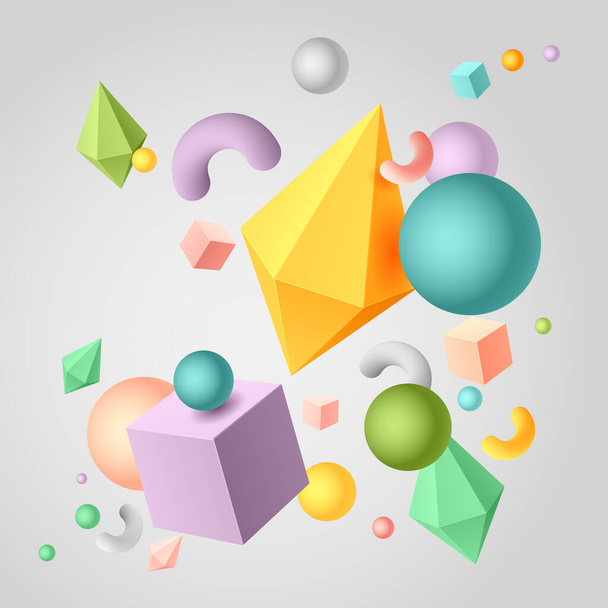 Abstraktní pozadí s obrázkem vícebarevných geometrických 3D tvarů kostek, kosočtverců, klikyháků, kuliček, vektorové ilustrace 10EPS - Vektor, obrázek