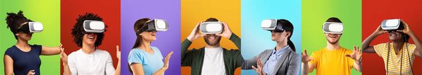Concept de jeu moderne. Collage de personnes millénaires portant des lunettes de réalité virtuelle sur fond coloré, panorama - Photo, image
