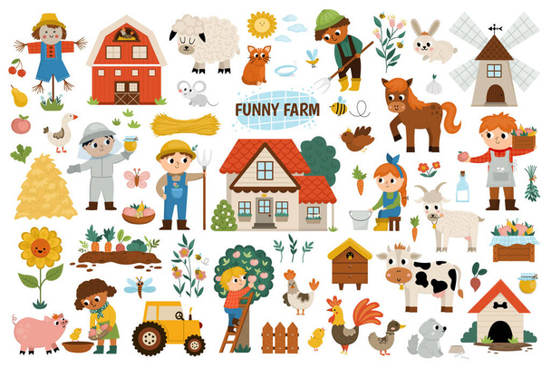 Duży zestaw farmy wektorowej. Kolekcja ikon wiejskich z zabawnymi chłopami, stodołą, wiejskim domem, zwierzętami, ptakami, ciągnikiem, wiatrakiem, stosami siana, owocami, warzywami, ulem. Cute płaska wieś lub ogród ilustracja - Wektor, obraz