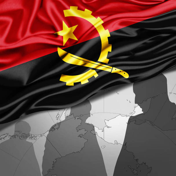 Angola-Fahne aus Seide mit Weltkarte und menschlichen Silhouetten im Hintergrund - 3D-Illustration  - Foto, Bild