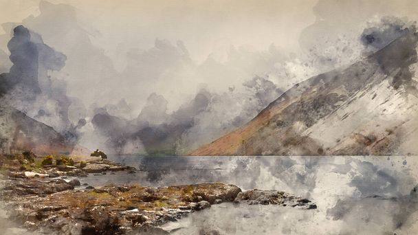 Digital watercolour painting of Beautiful landscape image of Wast Water in UK Lake District during moody Spring evening - Photo, Image