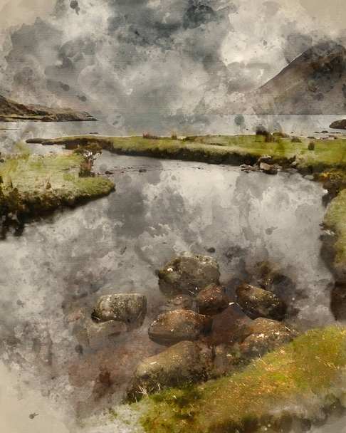 Aquarelle numérique de Belle image de paysage de Wast Water au Royaume-Uni Lake District pendant la soirée de printemps lunatique - Photo, image