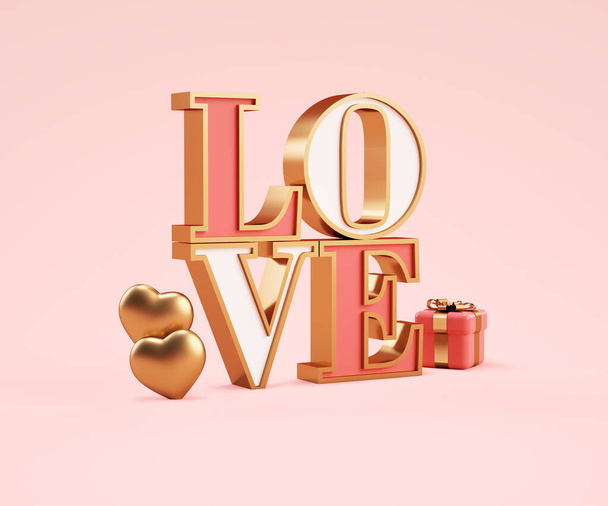 LOVE zlatá písmena se srdcem a dárkem izolované na pastelově růžovém pozadí pro banner design ve 3D vykreslování. Valentines Day concept - Fotografie, Obrázek