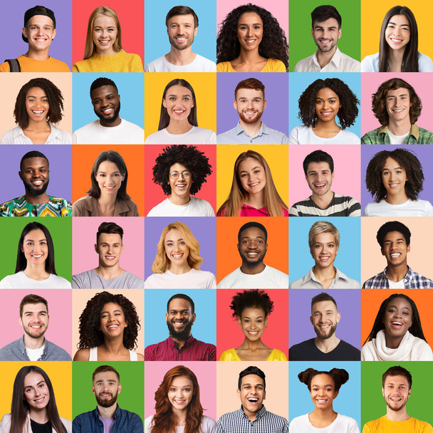 Koncepcja różnorodności. Zestaw szczęśliwy młodzież pozowanie na jasnych kolorowych tłach - Zdjęcie, obraz