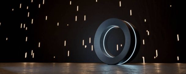 dark futuristic technology steel wheel geometric object with blue and orange lights 3d render illustration - Φωτογραφία, εικόνα