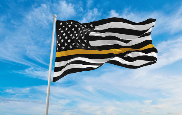 Thin Yellow Line flag waving. panoramic view. copy space for wide banner. Security Officers, Private Security, Private Investigators, Bail Agents Bondsmen, Dispatch Personnel flag. 3d illustration - Foto, Imagem