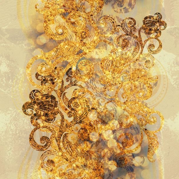 Golden harjakattoisia pyörteitä - siluetteja lehtiä ja kukkia - kuohuviini vuotiaiden vuosikerta saumaton kuvio. Digitaalista taidetta akryylillä ja akryylirakenteella. Sekalaista mediataidetta. Loputon kukka-aihe pakkaamiseen, leikekirjaan, tekstiiliin - Valokuva, kuva