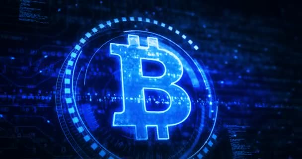 Bitcoin blockchain crypto νόμισμα και ψηφιακό χρήμα σύμβολο ψηφιακή έννοια. Δίκτυο, τεχνολογία στον κυβερνοχώρο και φόντο υπολογιστή αφηρημένη 3d animation. - Πλάνα, βίντεο