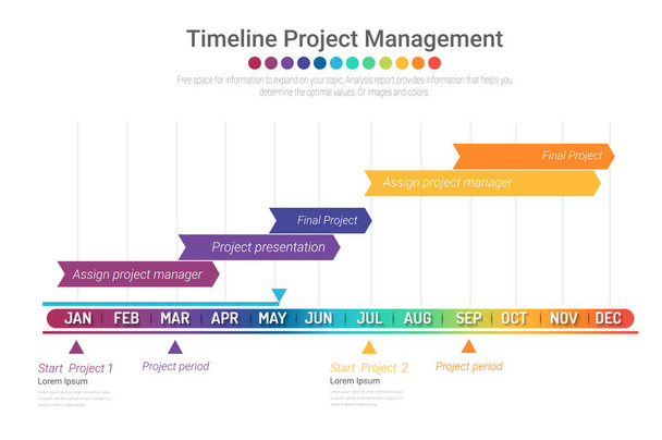 Línea de tiempo del proyecto gráfico para 12 meses, 1 año, Todo el mes de diseño planificador y Presentación de proyectos de negocio. - Vector, Imagen