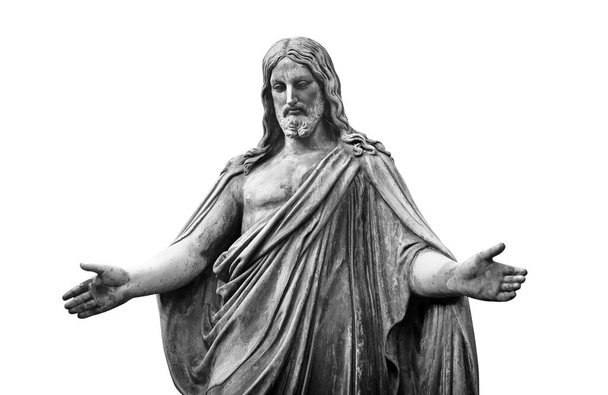 Jezus Christus, de zoon van God standbeeld geïsoleerd, vooraanzicht zwart-wit beeld - Foto, afbeelding