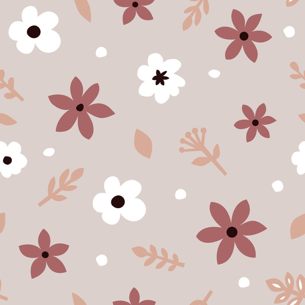 Seamless pattern with flowers and leaves. Scandinavian style vector background. Cartoon illustration. - Vector, Image