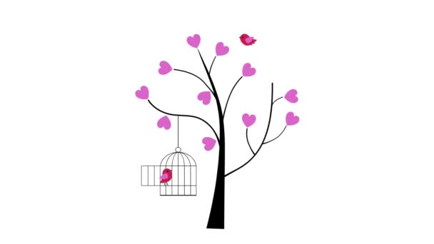 ευτυχισμένη ημέρα του Αγίου Βαλεντίνου πουλιά με καρδιές δέντρο και κλουβί animation - Πλάνα, βίντεο