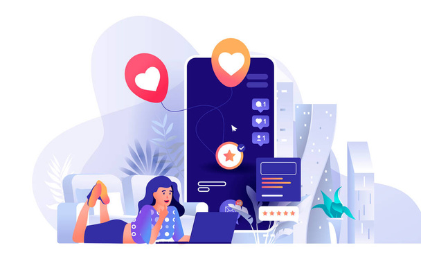 Social network scene. Woman chatting online from laptop, huge smartphone with post, likes and comments. Modern global communication concept. Illustration of people characters in flat design - Photo, Image