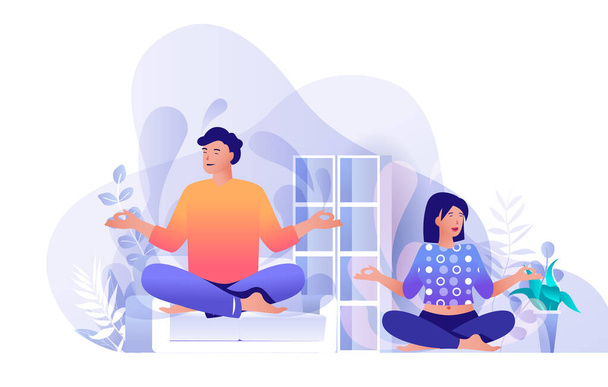 Una coppia che fa yoga a casa. Uomo e donna seduti in posizione di loto. Stile di vita sano, meditazione e contemplazione, concetto di benessere. Illustrazione di personaggi di persone in design piatto - Foto, immagini