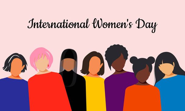 Παγκόσμια Ημέρα της Γυναίκας Γυναίκες διαφορετικών εθνικοτήτων και θρησκειών ενώνονται στον αγώνα για ίσα δικαιώματα. Μοντέρνα μοντέρνα κομψά άτομα σε ροζ οριζόντια αφίσα. - Φωτογραφία, εικόνα