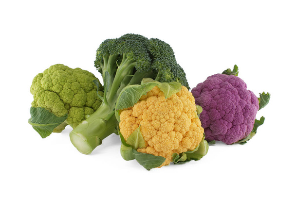 Fresh colorful green, purple, yellow cauliflowers with broccoli isolated on white background. Healthy eating - Foto, Imagem