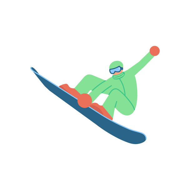 Snowboarder realizando un salto de truco aislado sobre fondo blanco - Vector, Imagen