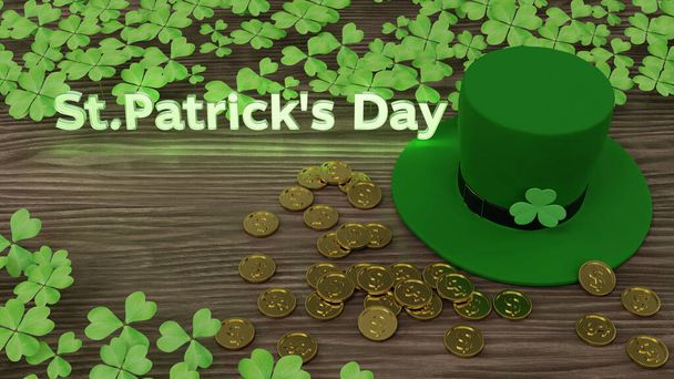 Happy Saint Patrick 's Day met kabouter hoed en gouden munt, verlicht tekst met groene verse klaver bladeren en hout plank achtergrond 3D weergave illustratie - Foto, afbeelding