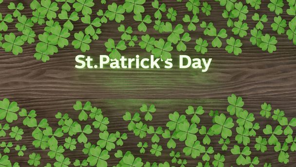 Happy Saint Patrick 's Day with illuminate text with green fresh clover leaves and wood plank background 3D rendering illustration - Foto, Imagem