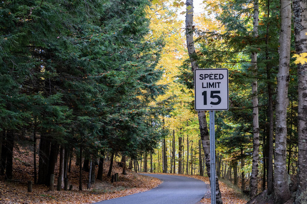 Firme por 15 mph límite de velocidad a través de Presque Isle Park en Marquette, Michigan durante el otoño - Foto, imagen