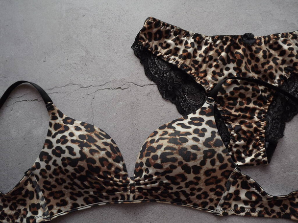 Conjunto de lencería de leopardo con bragas de encaje sobre fondo gris - Foto, imagen