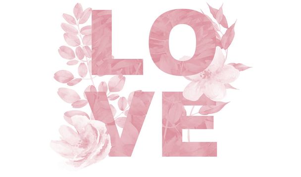Valentines Love word with watercolor flowers and leaves. Sign design for website banners, headers, advertising and announcement. Watercolor for Valentine day. - Zdjęcie, obraz