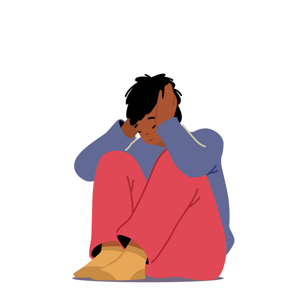 Family Problems, Abuse, Bullying Concept. Little Child Character Sit on Floor Crying with Covered Ears. Depressed Boy - Vector, Image