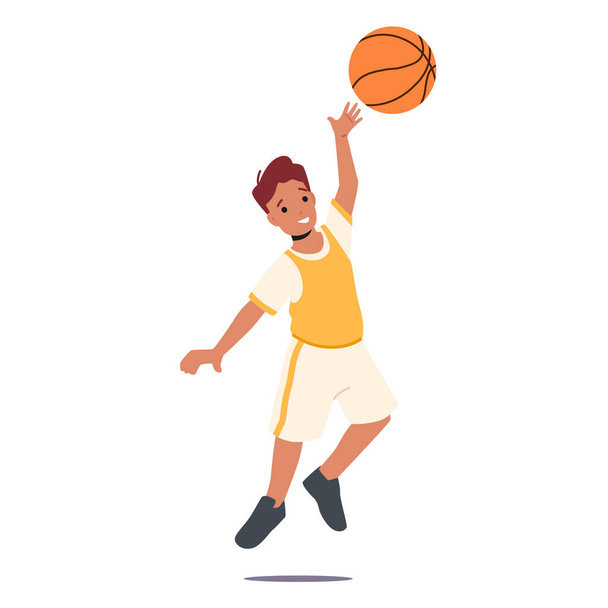 Детская баскетбольная игра, спортивная тренировка. Счастливый маленький ребенок занимается спортом, пропагандируя здоровый образ жизни - Вектор,изображение
