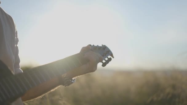 Man Gitarist speelt gitaar in het grasveld bij zonsondergang - backlit shot - Video