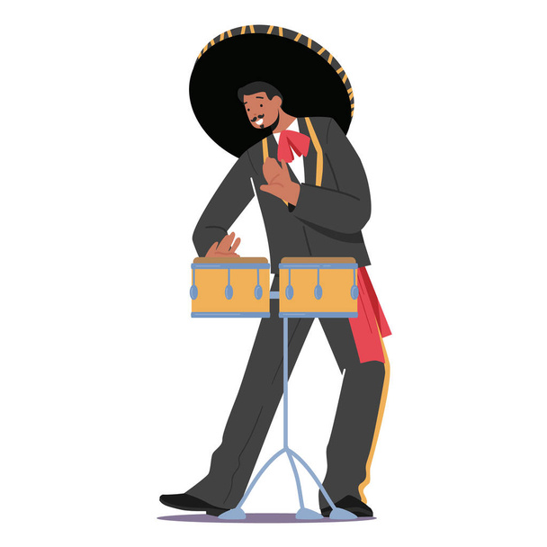 Spanish Mariachi Player in Sombrero Hat and Black National Costume, Street Player Playing Drum, Isolated Latin Performer - Vector, Image