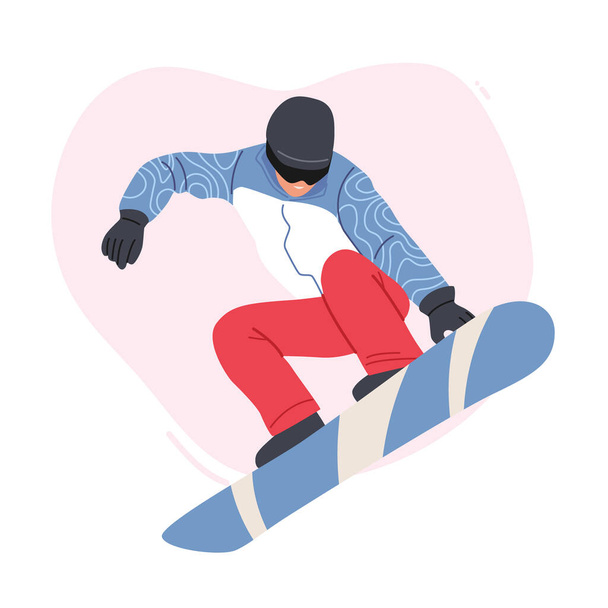 Snowboarding Deportes extremos de invierno Actividad y Entretenimiento. Deportista adulto vestido con ropa de invierno haciendo acrobacias - Vector, imagen