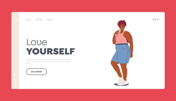 Love Yourself Landing Page Template. Africký americký Plus velikost žena oblečená v džínách kraťasy a knoflíky top - Vektor, obrázek