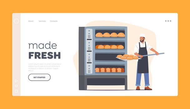 Bakery Industry, Bread Production Landing Page Template Характер Бейкера ставить Raw Loafs Овену для випічки, робочого кука - Вектор, зображення