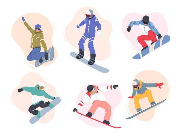 冬服に身を包んだ大人のセットスノーボード。冬のリゾートで楽しむ男性女性スノーボードライダー - ベクター画像