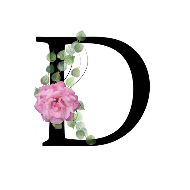 Monograma floral, letra D - decorado com rosa rosa e folhas de aquarela - Foto, Imagem