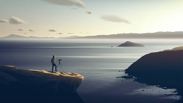 a photographer is patiently taking a photo of the beautiful sunset on the cliff with a breathtaking background of the vast coastline - Vector, Image