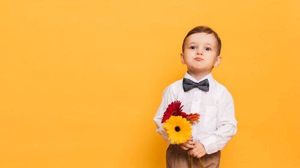 黄色の背景に白いシャツ、ズボン、弓のネクタイの少年がゲルベラの花束を持っています。母への贈り物だ祖母よ。テキストのためのスペースで. - 写真・画像