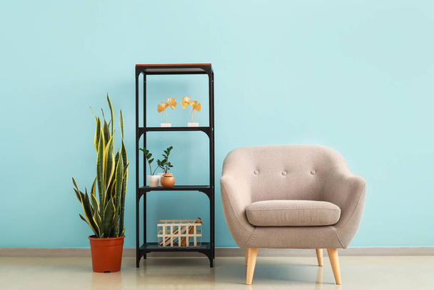Shelf unit with decor, houseplant and armchair near color wall - Photo, Image