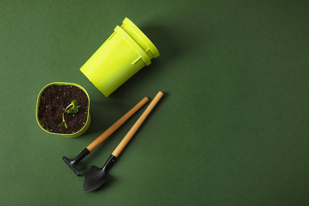 Pot de fleurs avec semis et outils de jardinage sur fond vert - Photo, image