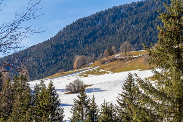 Альпийский пейзаж вокруг деревни Святого Феликса в Южном Тироле в зимнее время - Фото, изображение