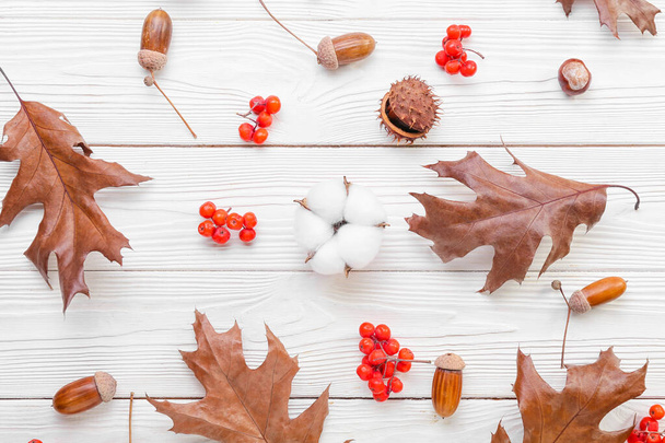 Baumwollblumen und schönes Herbstdekor auf weißem Holzhintergrund - Foto, Bild
